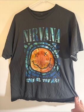 NIRVANA Black Tee with Iridescent Blue-Green Logo and Orange Smiley OVERSIZED